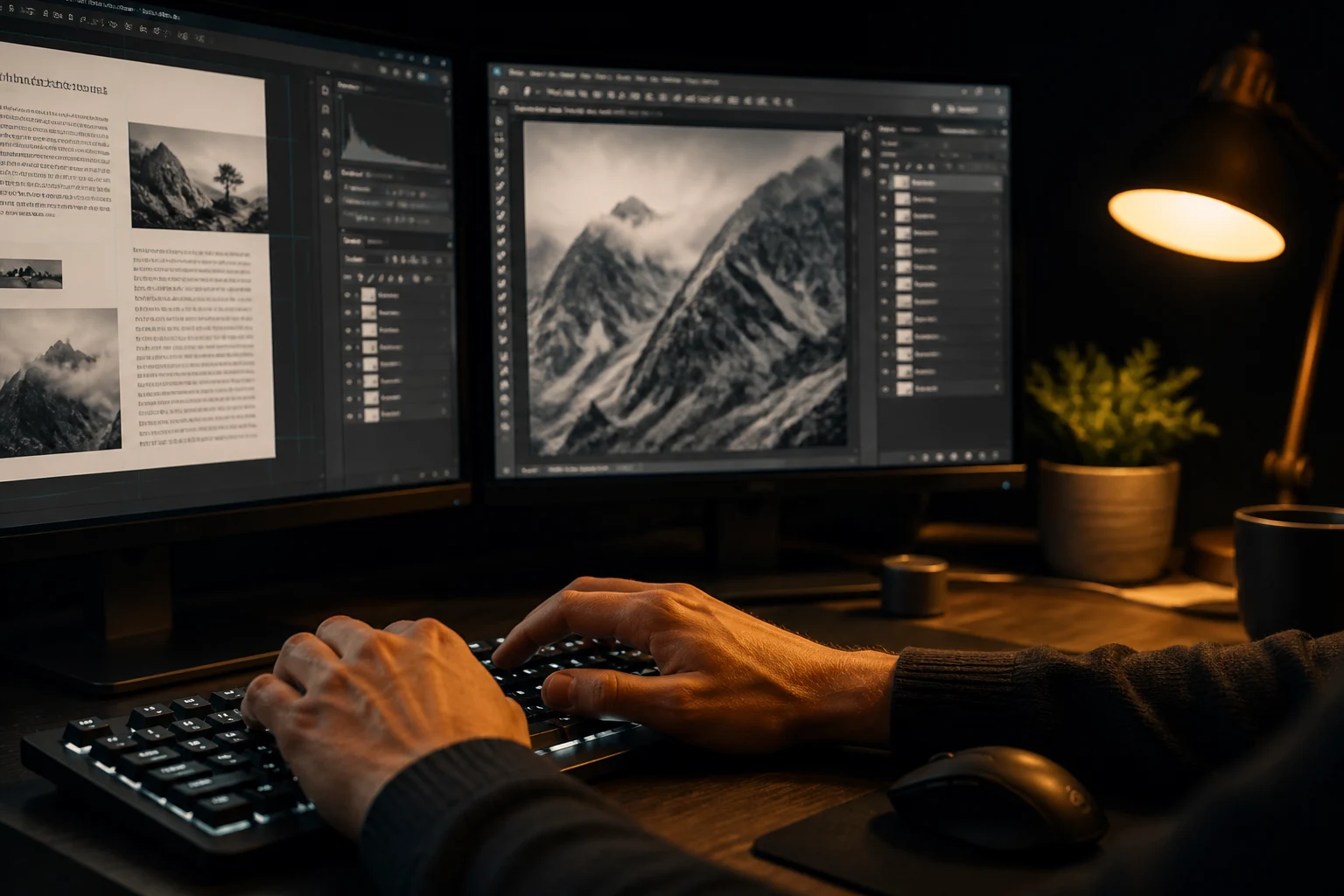 Фотошоп мастер работает с документами онлайн — два монитора, профессиональный рабочий стол