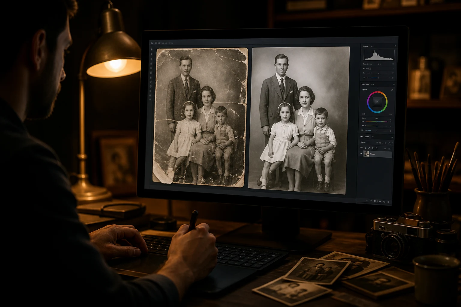 Мастер реставрирует старую семейную фотографию в Photoshop
