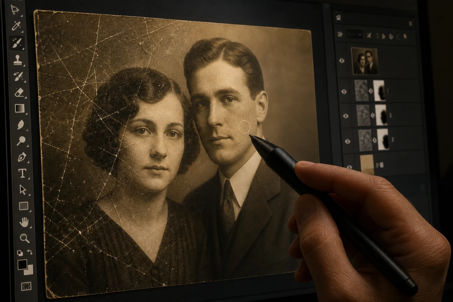 Реставрация старой фотографии в Photoshop — работа пером на планшете